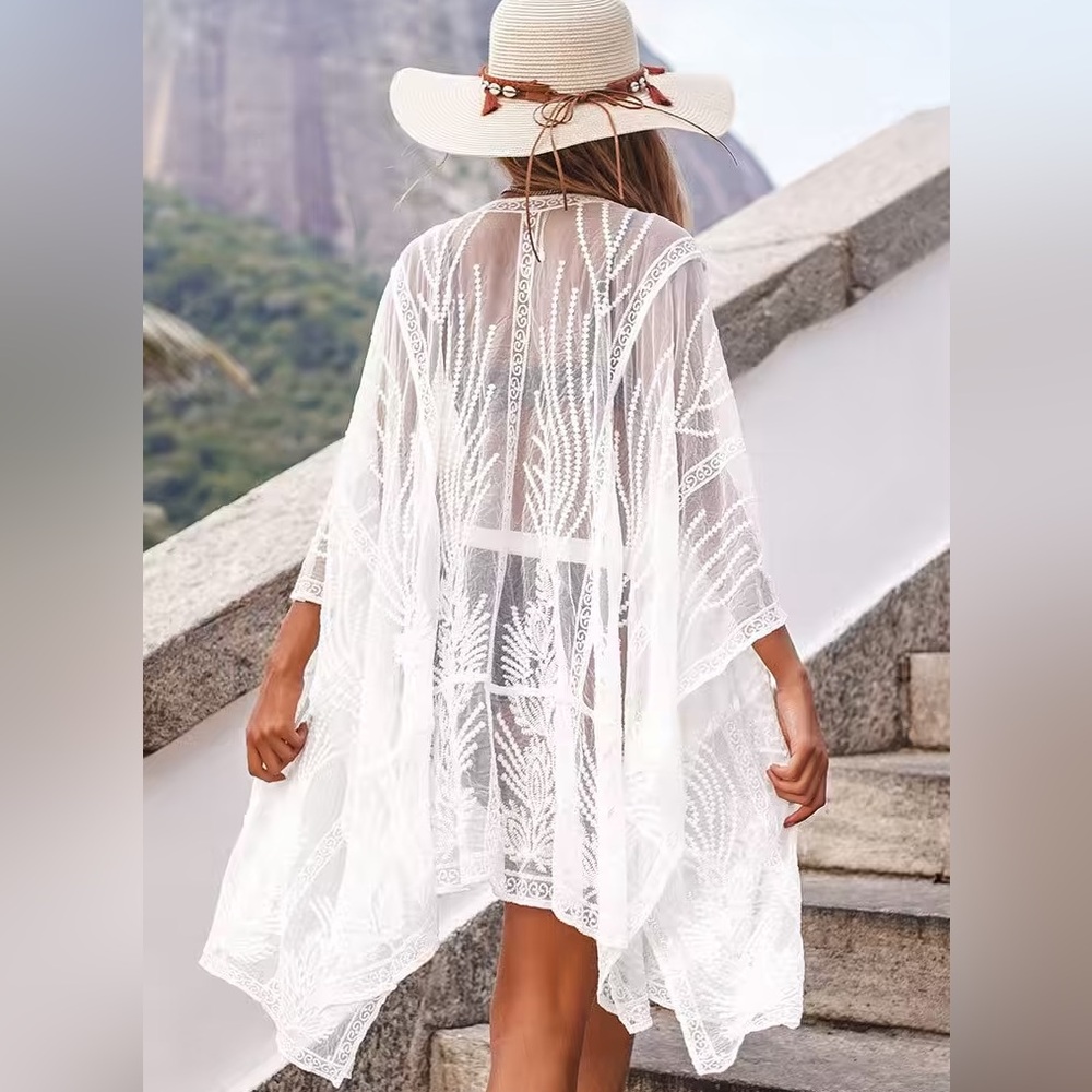 Cupshe Sheer Embroidery Kimono Cover Up White Size Small - Picture 4 of 8